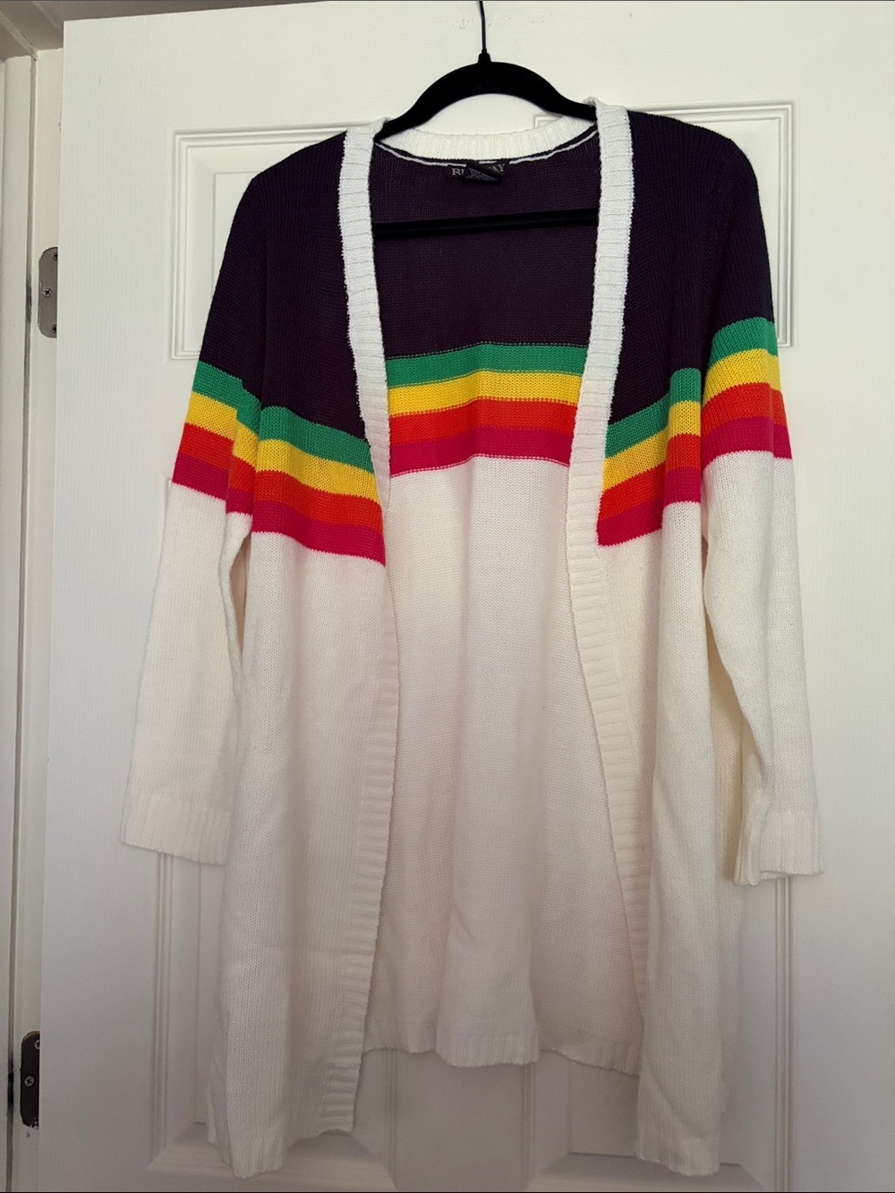 Runway Open-Front Striped Cardigan Sweater - White with Rainbow Stripes